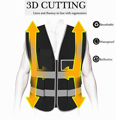 HYCOPROT High Visibility Mesh Safety Reflective Vest with Pockets and Zipper, Meets ANSI/ISEA Standards - color: Black, size: Large