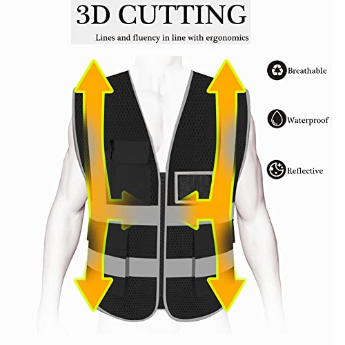HYCOPROT High Visibility Mesh Safety Reflective Vest with Pockets and Zipper, Meets ANSI/ISEA Standards - color: Black, size: 4X-Large
