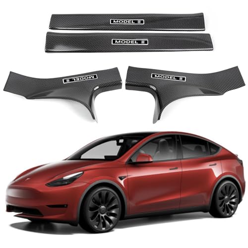 Door Sill Protector for Tesla Model 3, 4 Pieces Door Entry Protectors Strips for Inner Side, Tesla Model 3 Accessories 2021 2022 2023 for 5-Seater, Glossy Carbon Fiber Pattern - size: Model 3-Inner Part