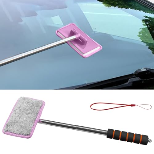 Car Windshield Cleaner Tool, Retractable Rearview Mirror Brush with Extendable Handle, Microfiber Window Washing Pad, Portable Auto Glass Wiper for Car Home Office(Pink) - color: Pink