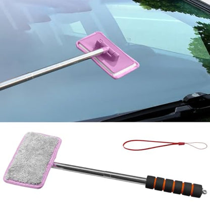 Car Windshield Cleaner Tool, Retractable Rearview Mirror Brush with Extendable Handle, Microfiber Window Washing Pad, Portable Auto Glass Wiper for Car Home Office(Pink) - color: Pink