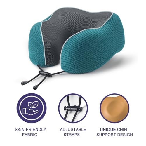 napfun Neck Pillow for Travel with Travel Pouch, Sleep Mask & Earplugs, Memory Foam Airplane Pillow for Headrest Sleep with Eyeshades, Plane Essentials with Eye Blindfold, Teal Striped Kit - color: Teal Striped Kit