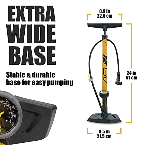 BV Bicycle Pump Durable Bike Floor Pump 17/24 inch Smart Valve Head, 160 psi, Automatically Reversible Presta and Schrader - style: Honey Yellow- Full Size
