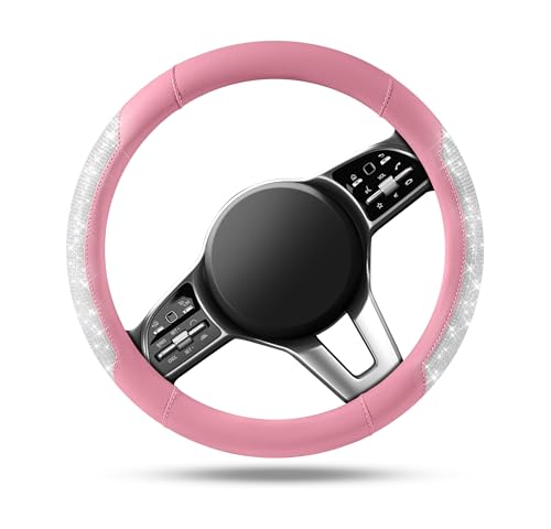 PIC AUTO Steering Wheel Cover, Sparkly Crystal Bling Glitter with Pink Leather, Universal Fit 14.5"-15.5" Car Steering Wheels for Girls & Women, Breathable Anti-Slip Steering Wheels Cover - color: Pink