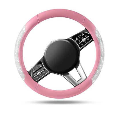 PIC AUTO Steering Wheel Cover, Sparkly Crystal Bling Glitter with Pink Leather, Universal Fit 14.5"-15.5" Car Steering Wheels for Girls & Women, Breathable Anti-Slip Steering Wheels Cover - color: Pink