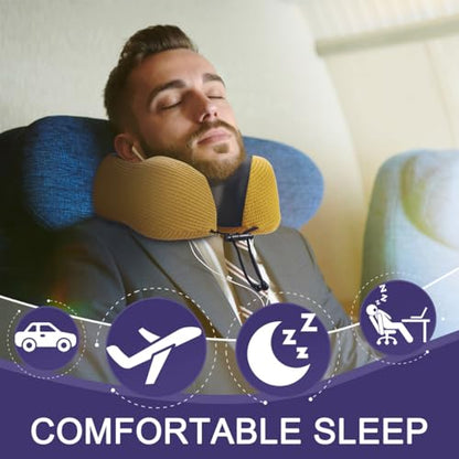 napfun Neck Pillow for Travel with Travel Pouch, Sleep Mask & Earplugs, Memory Foam Airplane Pillow for Headrest Sleep with Eyeshades, Plane Essentials with Eye Blindfold, Yellow Striped Kit - color: Yellow Striped Kit