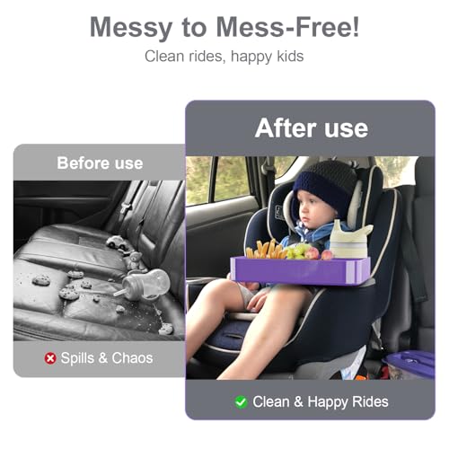 Car Seat Snack Tray for Toddlers - 3 Inch Cup Holder Fits Most Sippy Cups & Straw Bottles with Dip Well, Mess-Free Square Kids Travel Tray Road Trip Essentials, Purple - color: Purple