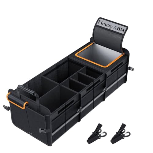 Extra Large Car Trunk Organizer with Insulated Leakproof Cooler, Heavy Duty 2mm PE Board, Adjustable Compartments with 4 Removable Dividers, 2 Securing Straps, Foldable SUV & Truck Storage Organizer