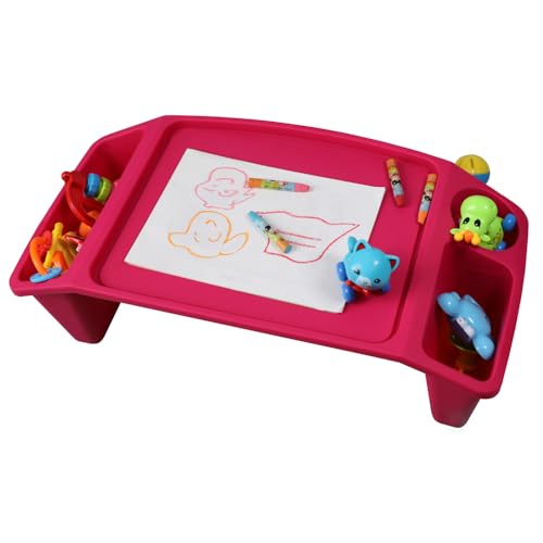 Basicwise Activity Desk Table with Built-In Cup Holder & Storage Compartments Multipurpose Lap Tray for Home Learning Art Activities Snack Time Reading & Floor-Based Task Raised-Leg Design, Pink - color: Pink, size: 1 Piece