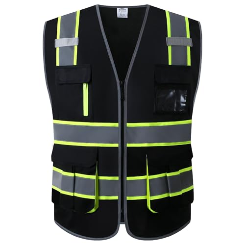 JKSafety 7 Pockets High Visibility Black Safety Vest for Men and Women Zipper Front with Hi-Vis Reflective Strips Meets ANSI/ISEA Standards(130-Black, X-Large) - color: Black-sf07, size: X-Large