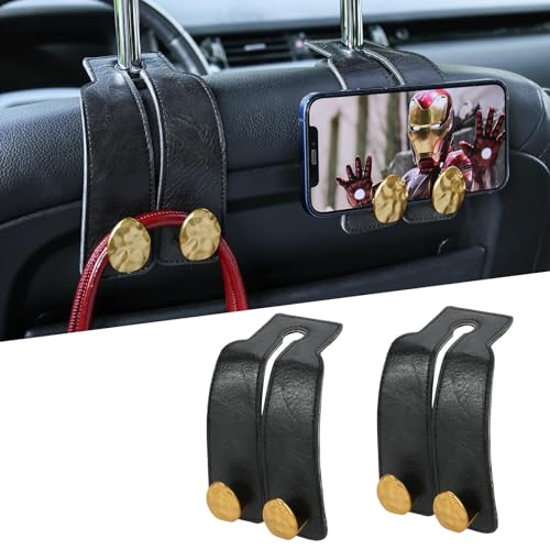 2PCS Leather Car Seat Hooks for Headrest, Vehicle Hanger Storage Organizer Universal for Handbag Purse, Car Accessories Gift (Black-Gold) - color: Black-Gold