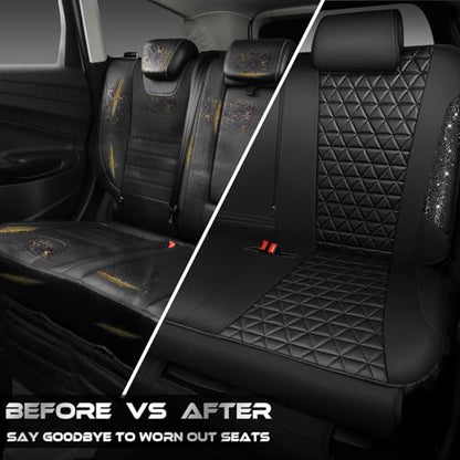 CAR PASS Bling Back Seat Cover, Waterproof Leather Bench Rear Seat Cover Shining Diamond Truck Glitter Crystal Sparkly Rhinestone Universal Fit Armrest Automotive Kid Women Girl, Black Diamond - color: Black Rear, size: Rear Seats