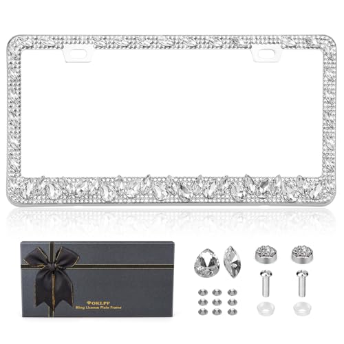 OKLPF Single White Rhinestone License Plate Frame for Women – Luxury Bling Car Tag Holder with Sparkling Crystals, Diamond Bedazzled License Plate Cover，Anti-Theft Screws & Gift Box（White） - color: White, size: 1pc