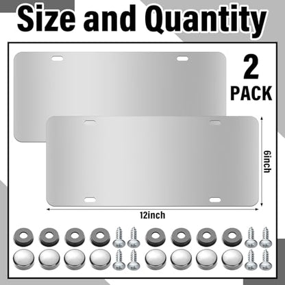 2 Pack 12 x 6 Inch License Plate Backing Stainless Steel License Plate Bracket Silver Polished Car Holder, with Screws, Chrome Caps, Heavy Duty Rustproof Metal Front Rear Car Tag