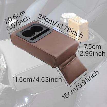 PU Leather Armrest Cushion with Cup Holder, Car Center Console Pad with Front Storage Pocket, Elbow Rest Pillow, Universal Car Armrest Seat Box Cover Protector - Brown - color: Brown