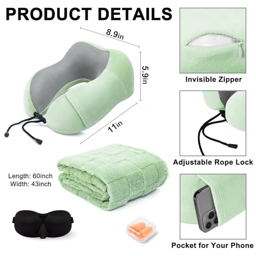 urnexttour Travel Pillow and Blanket Set Neck Pillows Soft Blankets with Sleep Mask Travel Essentials for Airplane Car Memory Foam Sage Green - color: B-sage Green