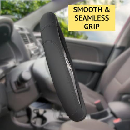 Steering Wheel Cover, Black, Real Genuine Leather, 15 inch, for Men and Women, Universal, Stretch On, Heat Resistant, Stays Cool, Non-Slip, HANWOLF - color: Black, size: Medium (14.5 to 15.375 inch diameter)
