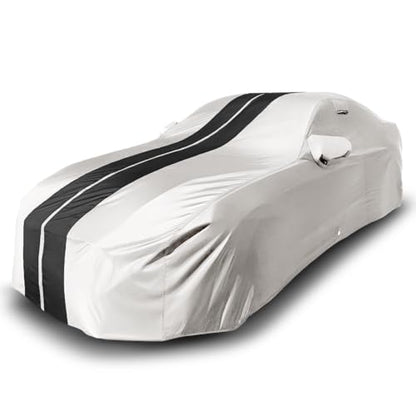 iCarCover Premium Plus Car Cover Waterproof All Weather Rain Snow UV Sun Protection, Mustang, Camaro, 4-Series, 4 Series, M4, Supra, Thunderbird, Size C10 (See Size Chart), Stripe - Light Gray/Black - color: Sedan & Coupe - Light Gray/Black, size: C10 for