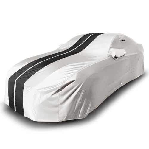 iCarCover Premium Heavy Duty Car Cover - Waterproof All Weather Rain Snow UV Sun Protection, Mustang, Camaro, XK, 4-Series, M4, Supra, Thunderbird, Size C10 (See Size Chart), Stripe - Light Gray/Black - color: Sedan & Coupe - Light Gray/Black, size: C10 f