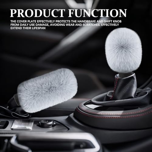 2PCS Plush Car Gear Shift Knob Cover & Handbrake Cover, Shift Knob Protector, Soft Fluffy Gear Handbrake Protective Sleeves, Shifter Lever Brake Handle Warm Plush Set for Cars (Gray) - color: Gray