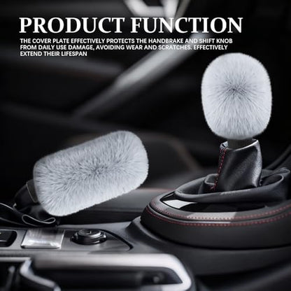 2PCS Plush Car Gear Shift Knob Cover & Handbrake Cover, Shift Knob Protector, Soft Fluffy Gear Handbrake Protective Sleeves, Shifter Lever Brake Handle Warm Plush Set for Cars (Gray) - color: Gray