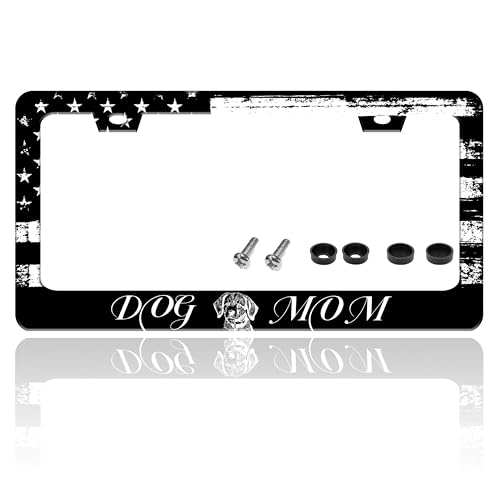 Dog Mom License Plate Frame Vintage American Flag Animal License Plate Holder for Front or Rear Car Tags Reusable Durable Stainless Steel Car Funny Decoration with Screws 6.3 X 12.2 in for Men Women - color: Dog Mom