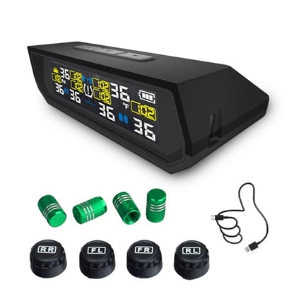 Tire Pressure Monitoring System TPMS, Solar Charge Tire Pressure Monitor with 4 External Sensors & 6 Alarm Modes, 0-99 PSI, Real-time Wireless TPMS for Car Sedan SUV Pickup - with 4 Tire Valve Caps