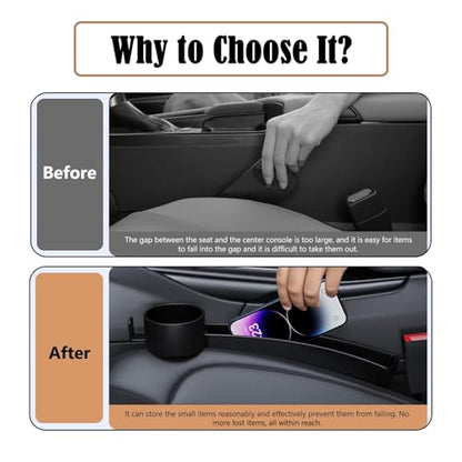 Dual Slot Car Seat Gap Organizer with Cup Holder, Universal Auto Gap Filler Strip 2 Pack with Seat Belt Holes, Carseat Side Gap Guard Spacer Accessories to Fill The Space Between Front Seat & Console - color: Black, 2PCS with Cup Holder & Hook