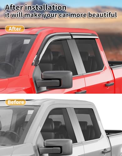 Outside-Mount Window Rain Guards Fit for Ford F-150 2015-2026/ F250-F550 2017-2026 SuperCrew,Truck Window Visors Wind Deflector Dark Smoke Vent Shades Car Tape-on 4-pcs with Thicker - size: Fit for 2015-2026 F150/2017-2026 F250-F550