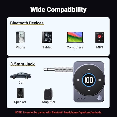 UGREEN 5.4 Bluetooth Car Adapter, [Noise Cancellation] Aux Bluetooth Receiver for Car, 3.5mm Wireless Audio Receiver for Music/Hands-Free Call/Home Stereo/Wired Speaker, 20H Battery Life