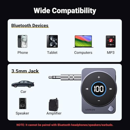 UGREEN 5.4 Bluetooth Car Adapter, [Noise Cancellation] Aux Bluetooth Receiver for Car, 3.5mm Wireless Audio Receiver for Music/Hands-Free Call/Home Stereo/Wired Speaker, 20H Battery Life