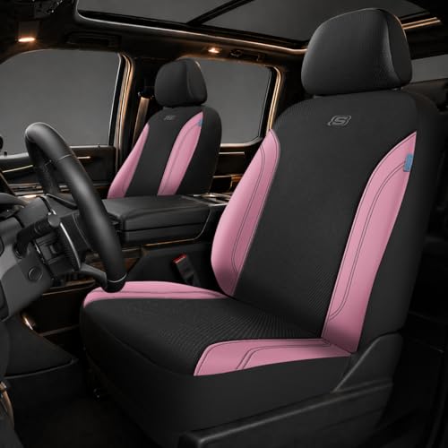 Skechers Work Seat Covers, Leather Seat Covers 5-Times Stronger Built-in Webbing, Oxford Fabric Front Seat Cover, Airbag Compatible, Automotive Comfort for Cars, Trucks, SUVs,Pink - color: Black and Pink, size: Two Front