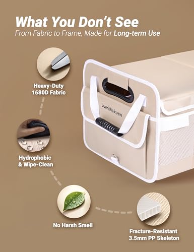 Heavy Duty Trunk Organizer with Lid for Car SUV-1680D Water-Resistant &3.5mm PP Skeleton,Collapsible Storage Box with No Sliding Metal Hooks,Fits Tesla,Truck,Sedan(XL, Cream) - color: Cream Beige
