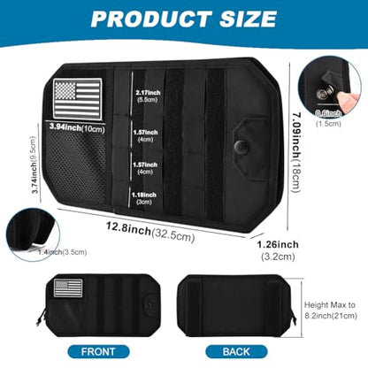Car Sun Visor Organizer with Zipper Storage Pouch & Glasses Clip – Semi-Rigid MOLLE Panel with Patch – Universal Fit for Vehicles, SUVs, Trucks(Black)