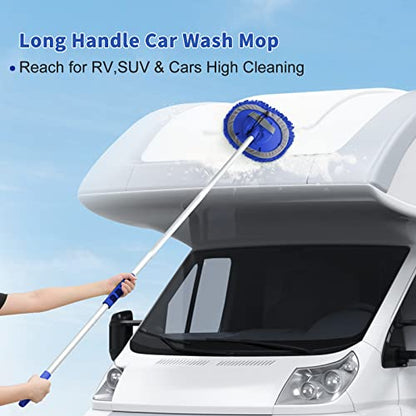 Wontolf 62'' Car Wash Brush Kit with Long Handle, Chenille Microfiber Car Wash Mop Mitt Scratch-Free Car Detailing Cleaning Brush Care Kit Car Cleaning Supplies for Cars RV Truck Boat - color: Blue-7pcs