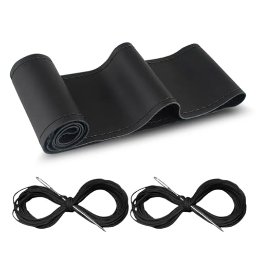Car Genuine Leather Steering Wheel Cover, DIY Sewing with Needle and Thread, Breathable, and Anti-Slip, Universal 15 Inch Car Steering Wheel Stitching Wrap (Black, Glossy) - color: Black, size: Glossy