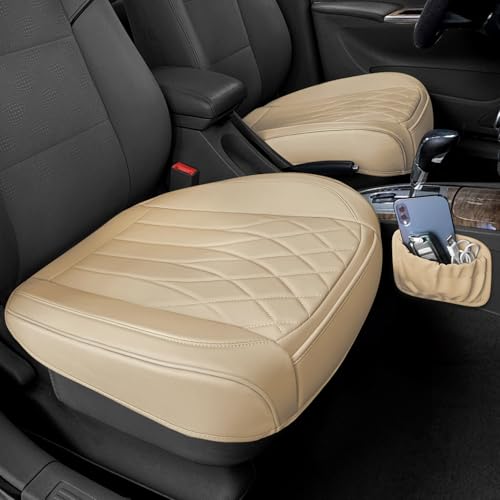 BEITK 2 Pack Leather Front Car Seat Cover Bottom Car Seat, Universal Anti-Slip Driver Car Seat Protectors with Storage Pocket, Waterproof Bottom Auto Seat Cushion Pad Mat for Most Vehicles(Beige) - color: cushion pair beige