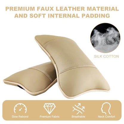 2 Pack Car Neck Pillow PU Leather Automotive Headrest Pillow for Car Support Neck Pain Relief Universal Car Pillow (Beige) - color: Beige