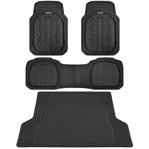 CAR PASS Deep Dish Floor Mats for Cars, Heavy Duty Rubber Floor Mats with Trunk Cargo Liner, Universal Trim-to Fit Automotive Floor mats for Truck Van SUV Waterproof All Weather Car Mats Solid Black - color: All Black Cargo Liner