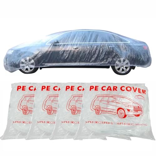 Clear Plastic Car Cover, 4 Pack Universal 12.5 x 21.7ft Disposable Full Car Cover with Elastic Band for Sedan Outdoor Snow Rain Dust Weather