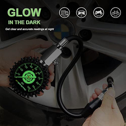 Tire Pressure Gauge 100psi Glow in The Dark, ATsafepro 2.5” Dial Mechanical Tire Gauges for Tire Pressure, Certificated Accuracy Analog Air Pressure Gauge for Cars, Trucks, Bicycles. - size: 100PSI