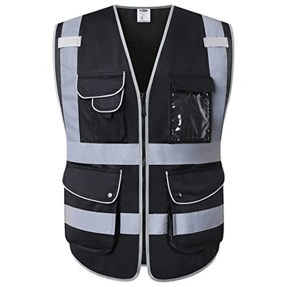 JKSafety 9 Pockets High Visibility Black Safety Vest for Men and Women, Hi-Vis Reflective Safety Vests with Zipper Front, Meet ANSI/ISEA Class 1 Standards (150-Black, Medium) - color: Black, size: Medium