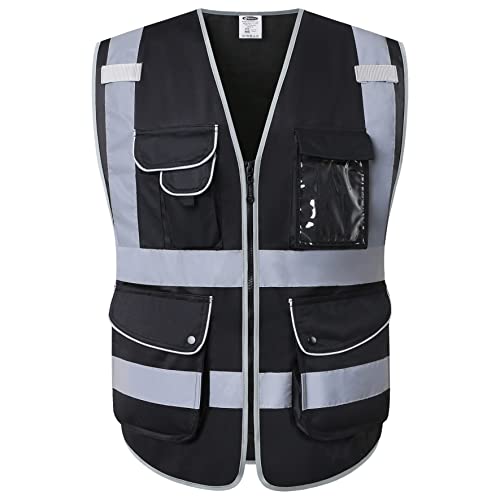 JKSafety 9 Pockets High Visibility Black Safety Vest for Men and Women, Hi-Vis Reflective Safety Vests with Zipper Front, Meet ANSI/ISEA Class 1 Standards (150-Black, Medium) - color: Black, size: Medium