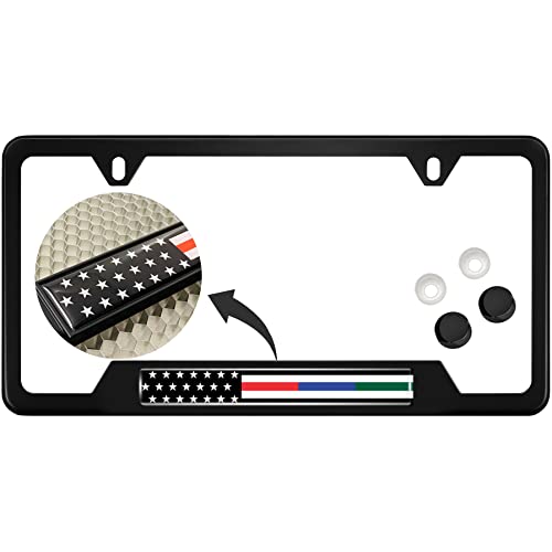 Black Stainless Steel CAR 2-Hole Standard Size - License Plate Frame with First Responders - Law Enforcement, Military and Fire Thin Line USA Flag Design and Free caps - (Qty:1 Frame) - size: Police, Military and Fire