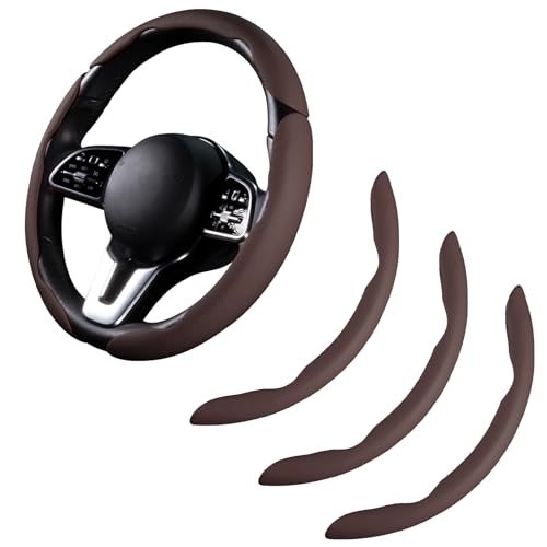 Car Steering Wheel Cover Leather Snap On 3Pcs Set Non-Slip Protector Wrap Steering Wheel Accessories 14.5-15 inch Universal Brown - color: Brown