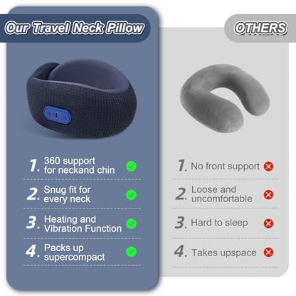 Travel Pillow with Heat,Vibration Massage,Portable Rechargeable Adjustable Airplane Neck Pillow,with Headrest Support for Head,Neck,and Chin,for Pain Relief at Home,Car,Office,Travel