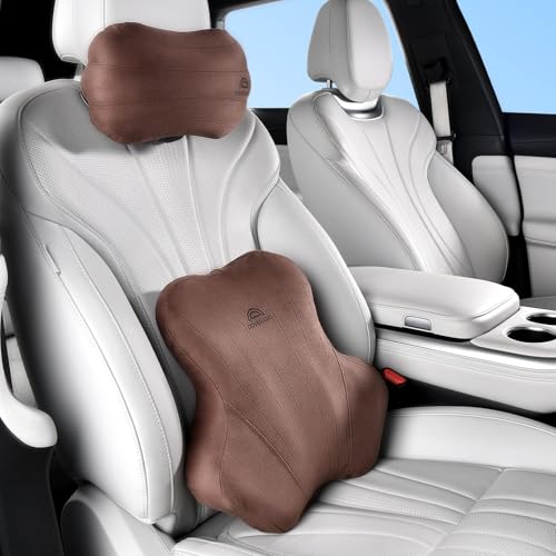 Coverado Car Lumbar Support Pillow and Car Neck Pillow Kit, Ergonomic Design Car Headrest Pillow for Driving, Relax Back Head Muscles Relieve Driving Fatigue, Breathable & Removable Cover, Coffee - color: Coffee, size: Neck + Lower Back Support