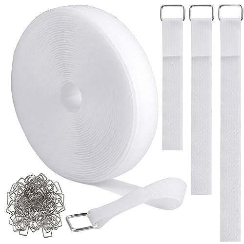 YMCRLUX 1"x32ft Hook and Loop Straps with 50 Metal Buckles, Adjustable Fastening Cable Straps, Cut-to-Length Cinch Strap, Reusable Nylon Securing Cord Ties for Organizer or Storage, 1 inch Wide, White - size: 1in X 32ft White