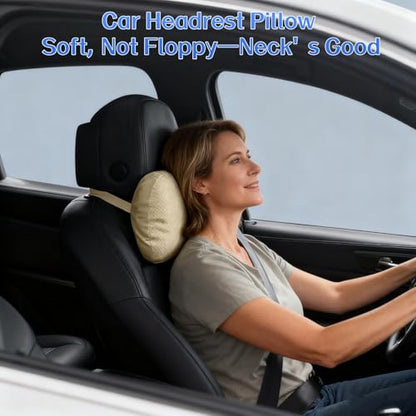 Car Neck Pillow, 2 Pack PU Leather Car Headrest Pillows with Adjustable Strips, Car Neck Support Ergonomic Du-Pont Bio Cotton Pillow, Head Rest Travel Pillow for Car (Beige, Soft Style) - color: Beige