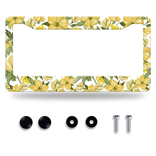 Yellow Hibiscus Flowers License Plate Frame Watercolor Tropical Floral License Plate Stainless Steel Auto Parts Colorful License Plate Decorative with Screws Size 12.3" x 6.3" Women - color: Watercolor Floral Yellow Hibiscus Flowers